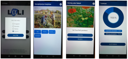 Kuva 2. LALI ArtAPP -kuvakaappaukset vasemmalta oikealle: kielen valinta, kaksi tehtävätyyppiä, arviointi
